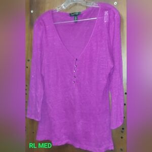 Lauren Ralph Lauren Womens Henley Top M Pink Linen Stretch Lightweight Modern